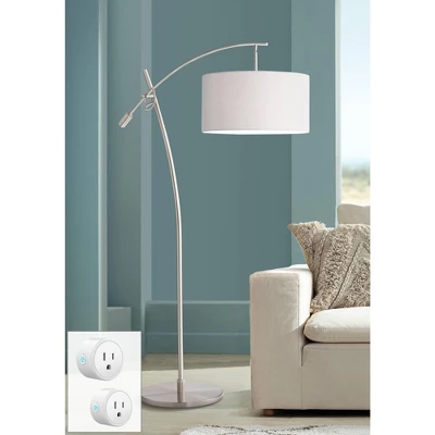 Possini Euro Design Raymond Modern 69" Tall Arc Floor Lamp With Smart Socket Raymond Nickel Adjustable Off-White Shade For Living Room