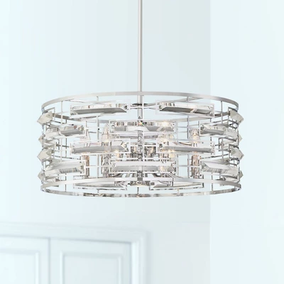 Possini Euro Design Smart Polished Nickel Chandelier 20" Wide Modern Drum Clear Crystal 6-Light Fixture For Dining Room House Foyer Kitchen Island