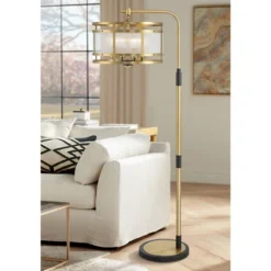 Possini Euro Design Modern Arc Floor Lamp 66" Tall Warm Gold Matte Black 4-Light Frosted Rain Pattern Glass For Living Room House