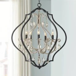 Possini Euro Design Clara Black Silver Pendant Chandelier 27" Wide Industrial Ornate Cage Amber Crystal 5-Light Fixture For Dining Room Kitchen Island