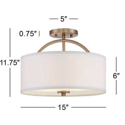 Possini Euro Design Halsted Modern Ceiling Light Semi Flush Mount Fixture 15" Wide Warm Brass 2-Light Oatmeal Linen Drum For Bedroom Living Room House - Image 5