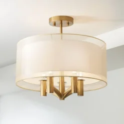 Possini Euro Design Caliari Modern Ceiling Light Semi Flush Mount Fixture 18" Wide Warm Brass Double Drum Shade For Bedroom Kitchen Hallway Bathroom