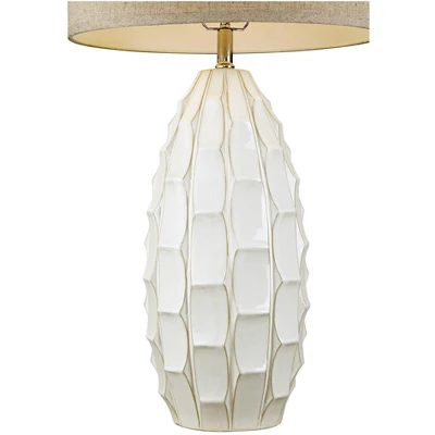 Possini Euro Design Cosgrove Modern Mid Century Table Lamp 32 3/4" Tall White Glazed Ceramic Beige Fabric Drum Shade For Bedroom Living Room Bedside - Image 6