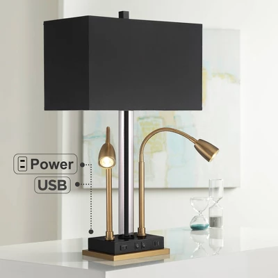Possini Euro Design Griffin Modern Gooseneck Desk Lamp 31" Tall Gold With USB Charging Port Black Metal Rectangular Shade For Bedroom Living Room Kids