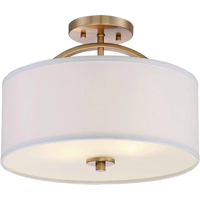 Possini Euro Design Halsted Modern Ceiling Light Semi Flush Mount Fixture 15" Wide Warm Brass 2-Light Oatmeal Linen Drum For Bedroom Living Room House - Image 3