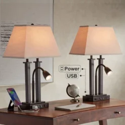 Possini Euro Design Possini Euro Deacon Bronze Gooseneck Lamps With USB And Outlet Set Of 2