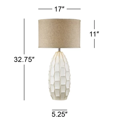 Possini Euro Design Cosgrove Modern Mid Century Table Lamp 32 3/4" Tall White Glazed Ceramic Beige Fabric Drum Shade For Bedroom Living Room Bedside - Image 5