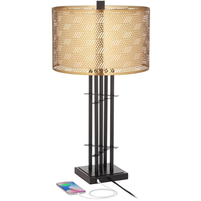 Possini Euro Design Deborah Modern Mid Century Table Lamp 30" Tall Black With USB Charging Port Gold Metal Double Drum Shades For Living Room Desk - Image 2