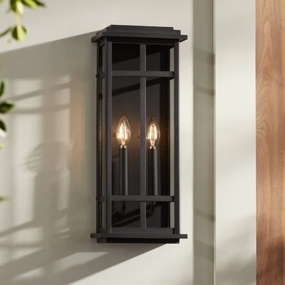 Possini Euro Design Modern Industrial Outdoor Wall Light Fixture Cool Black Windowpane Frame 20" For Post Exterior Barn Deck House