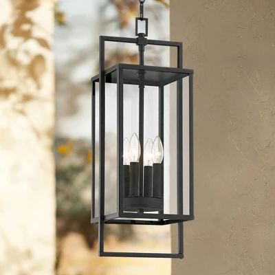 Possini Euro Design Jericho Modern Outdoor Hanging Light Textured Black 24 1/4" Clear Glass Panel For Post Exterior Barn Deck House Porch Yard Patio