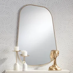 Possini Euro Design Reuleaux Rectangular Vanity Wall Mirror Modern Curved Corner Champagne Gold Frame 26" Wide For Bathroom Bedroom Living Room Office