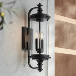 Possini Euro Design Medici Modern Outdoor Wall Light Fixture Black Metal 24 1/2" Clear Glass For Post Exterior Barn Deck House Porch Yard Patio Home