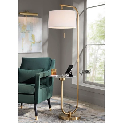 Possini Euro Design Volta Modern Floor Lamp With Tray Table 66" Tall Brass USB Charging Port White Drum Shade For Living Room Bedroom Office House