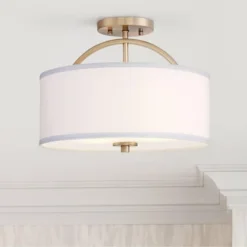 Possini Euro Design Halsted Modern Ceiling Light Semi Flush Mount Fixture 15" Wide Warm Brass 2-Light Oatmeal Linen Drum For Bedroom Living Room House