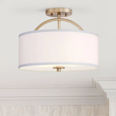 Possini Euro Design Halsted Modern Ceiling Light Semi Flush Mount Fixture 15" Wide Warm Brass 2-Light Oatmeal Linen Drum For Bedroom Living Room House