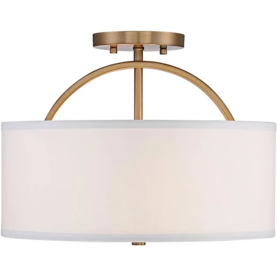 Possini Euro Design Halsted Modern Ceiling Light Semi Flush Mount Fixture 15" Wide Warm Brass 2-Light Oatmeal Linen Drum For Bedroom Living Room House - Image 2