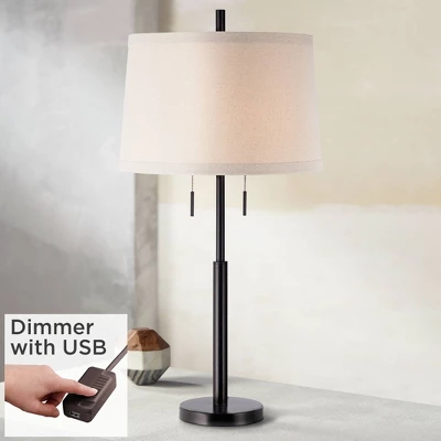 Possini Euro Design Modern Buffet Table Lamp 33" Tall With USB Charging Port Dark Bronze Drum Shade For Bedroom Living Room Office