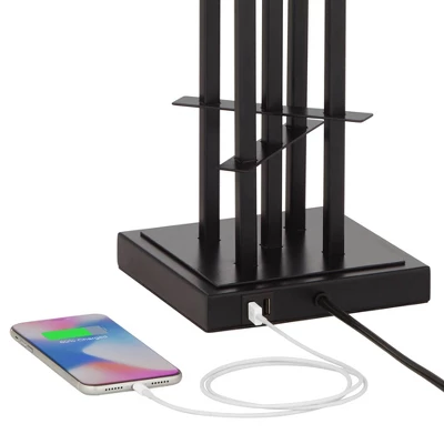 Possini Euro Design Deborah Modern Mid Century Table Lamp 30" Tall Black With USB Charging Port Gold Metal Double Drum Shades For Living Room Desk - Image 3