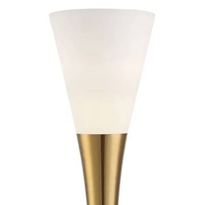 Possini Euro Design Piazza Modern Torchiere Floor Lamp With Riser 77" Tall Black Brass Metal White Glass Shade For Living Room Bedroom Office House