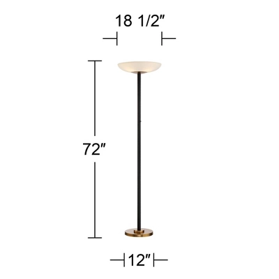 Possini Euro Design Modern Torchiere Floor Lamp LED 72" Tall Black Antique Brass White Glass Shade For Living Room Reading Uplight - Image 6