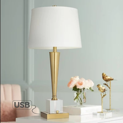 Possini Euro Design Wayne Modern Table Lamps 29 1/4" Tall Set Of 2 Brass With USB Charging Port White Fabric Drum Shade For Bedroom Living Room Kids - Image 8