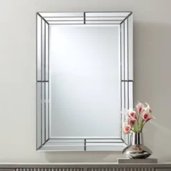 Possini Euro Design Rectangular Vanity Decorative Wall Mirror Modern Beveled Edge Clear Mirrored Tiles Frame 27" Wide For Bathroom Bedroom Living Room