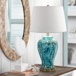 Possini Euro Design Asian Inspired Table Lamp 27" Tall Ceramic Teal Glaze Patterned Temple Jar White Empire Shade For Living Room (Colors May Vary)