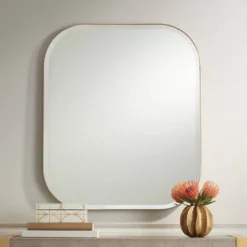 Possini Euro Design Bailey Rounded Corner Rectangular Vanity Wall Mirror Modern Beveled Brushed Gold Frame 27" Wide For Bathroom Bedroom Home Office
