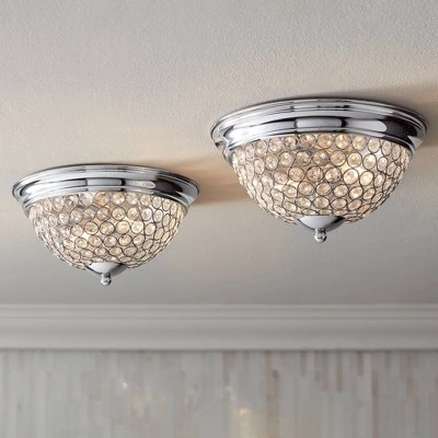 Possini Euro Design Faith Modern Ceiling Light Flush Mount Fixtures 11" Wide Set Of 2 Chrome 2-Light Crystal For Bedroom Kitchen Living Room Hallway