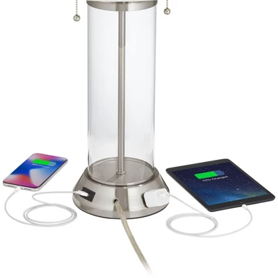Possini Euro Design Fritz Modern Table Lamp 26 1/2" High Silver Clear Glass Column With USB And AC Power Outlet In Base Drum Shade For Bedroom Desk - Image 3