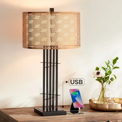 Possini Euro Design Deborah Modern Mid Century Table Lamp 30" Tall Black With USB Charging Port Gold Metal Double Drum Shades For Living Room Desk