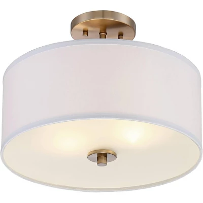 Possini Euro Design Halsted Modern Ceiling Light Semi Flush Mount Fixture 15" Wide Warm Brass 2-Light Oatmeal Linen Drum For Bedroom Living Room House - Image 4