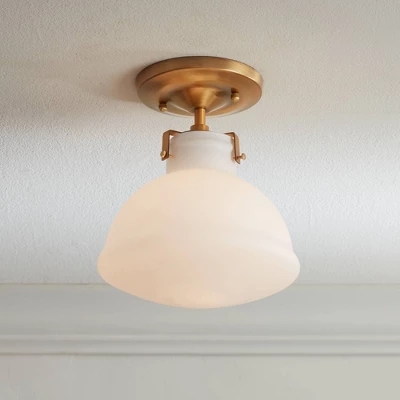 Possini Euro Design Modern Ceiling Light Semi Flush Mount Fixture 9 1/2" Wide Gold Shapely Opal Glass Shade For Bedroom Kitchen Living Room Hallway