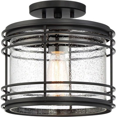 Possini Euro Design Modern Semi Flush Mount Outdoor Ceiling Light Fixture Black Geometric 11" Clear Seedy Glass For Exterior House Porch Patio Deck - Image 5