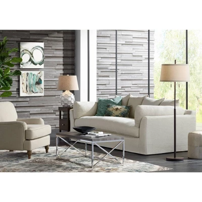 Possini Euro Design Nayla Modern Floor Lamp 62 1/2" Tall Bronze Metal Off White Fabric Tapered Drum Shade For Living Room Bedroom Office House Home - Image 7