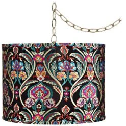 Color Embroidery 15" Wide Antique Brass Plug-In Swag Chandelier