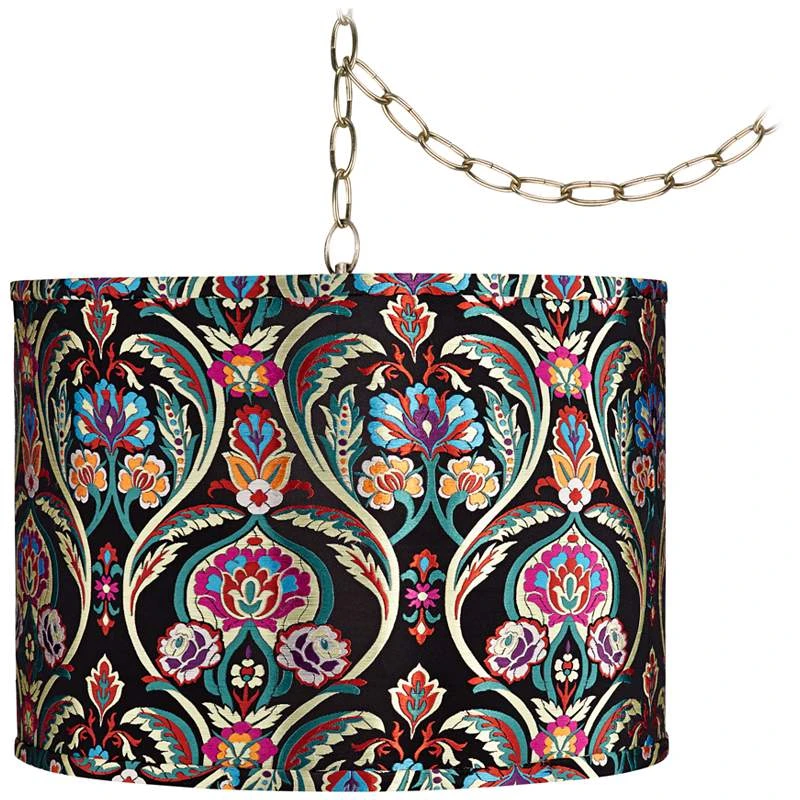 Color Embroidery 15" Wide Antique Brass Plug-In Swag Chandelier