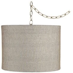 Gray And Gold Plastic Weave 15" Wide Antique Brass Plug-In Swag Chande