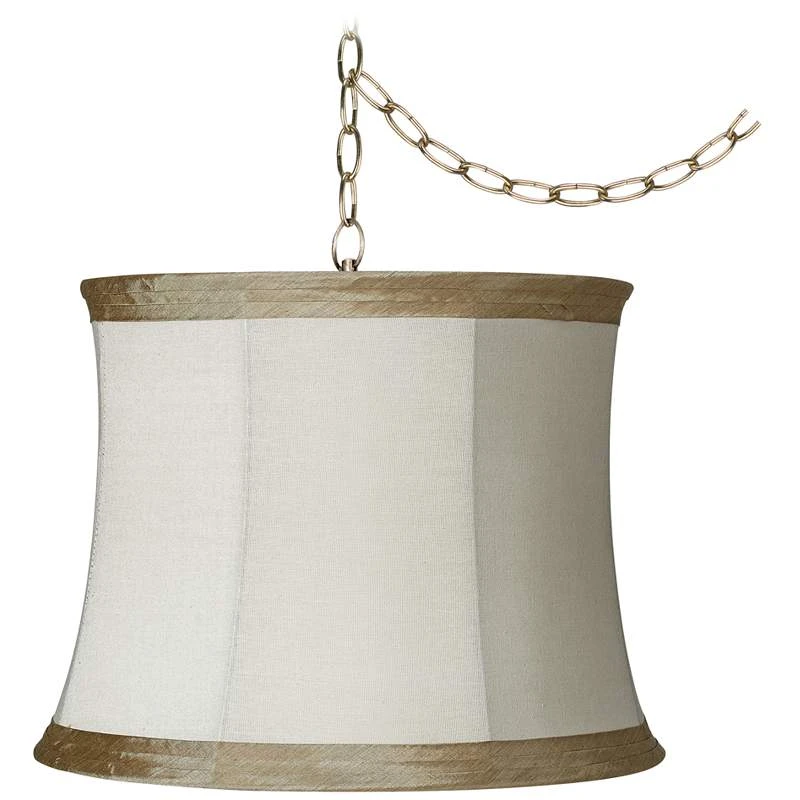 Ivory Linen 16" Wide Antique Brass Plug-In Swag Chandelier - Image 2