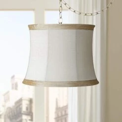 Ivory Linen 16" Wide Antique Brass Plug-In Swag Chandelier