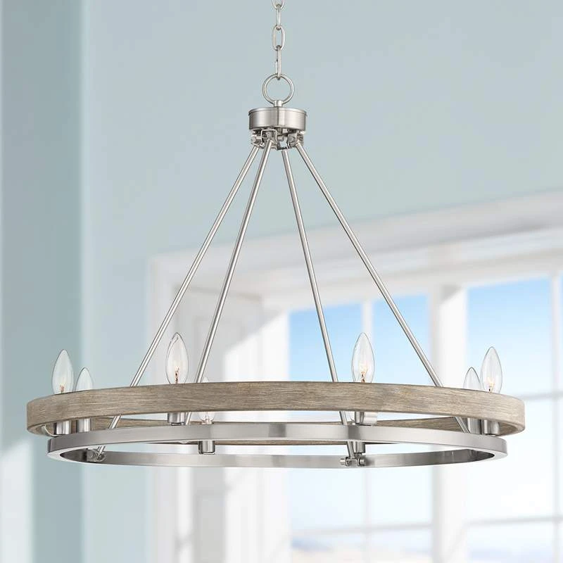 Lora 29 1/4" Wide Nickel And Gray Wood Finish 8-Light Ring Chandelier