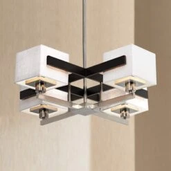 Possini Euro Quartet Grid Brushed Nickel Metal And Wood Modern Chandelier